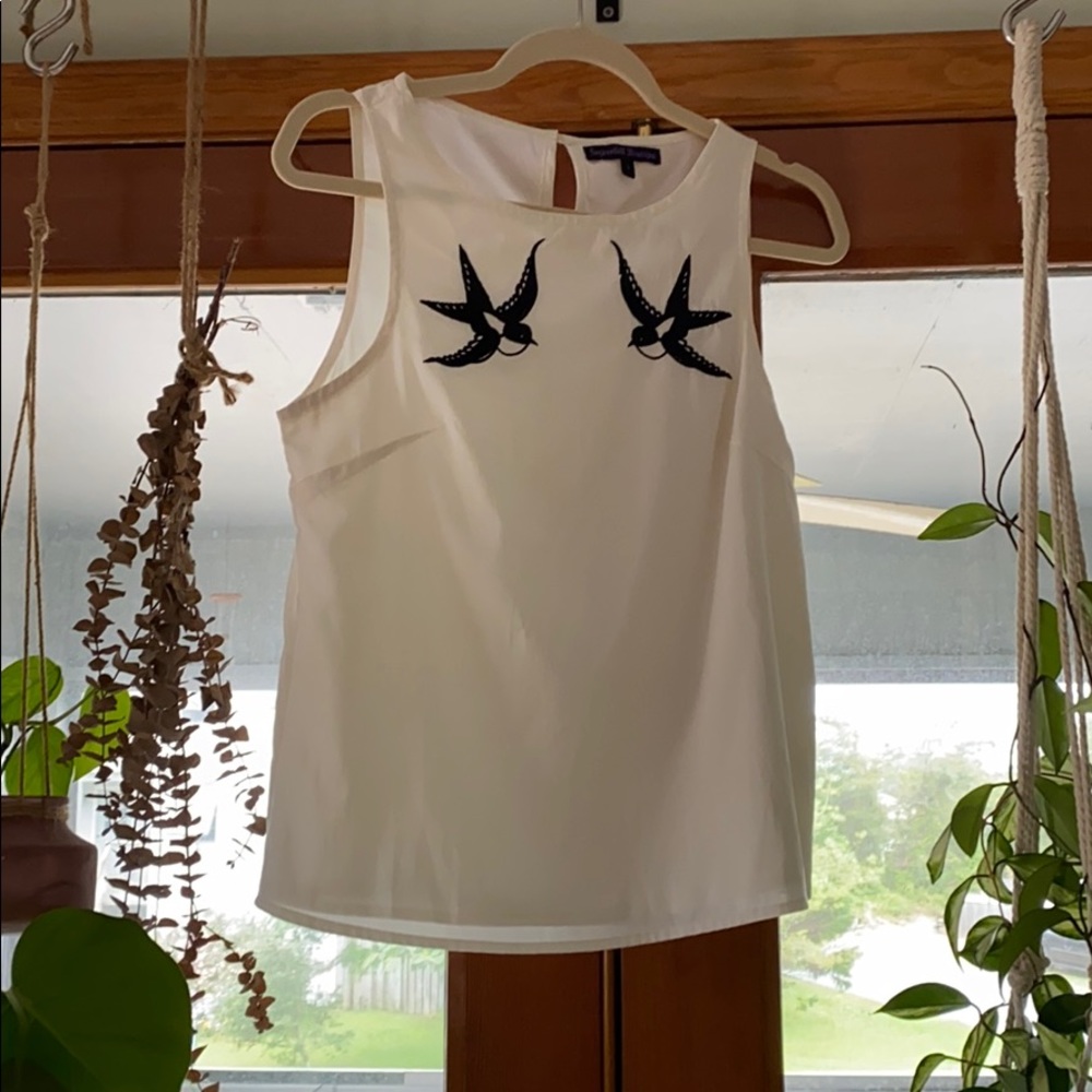 White Tank Top with Embroidered Birds